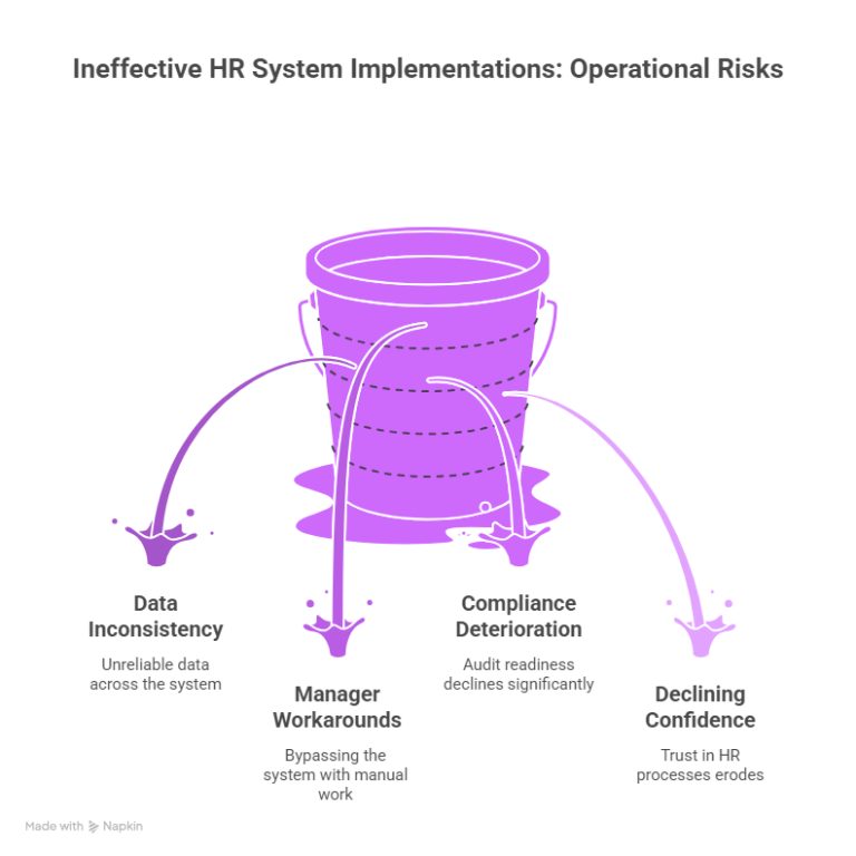 Illustration of a leaking bucket representing ineffective HR system implementation causing data inconsistency, manager workarounds, compliance deterioration, and declining confidence.